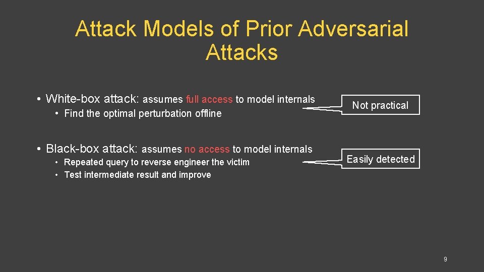 Attack Models of Prior Adversarial Attacks • White-box attack: assumes full access to model