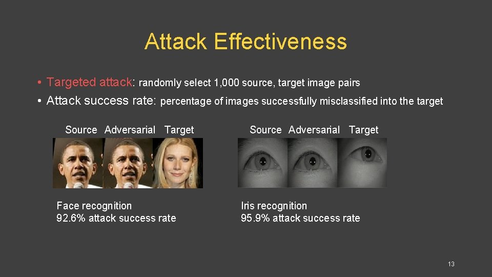 Attack Effectiveness • Targeted attack: randomly select 1, 000 source, target image pairs •