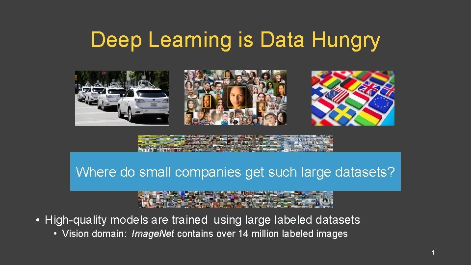 Deep Learning is Data Hungry Where do small companies get such large datasets? •