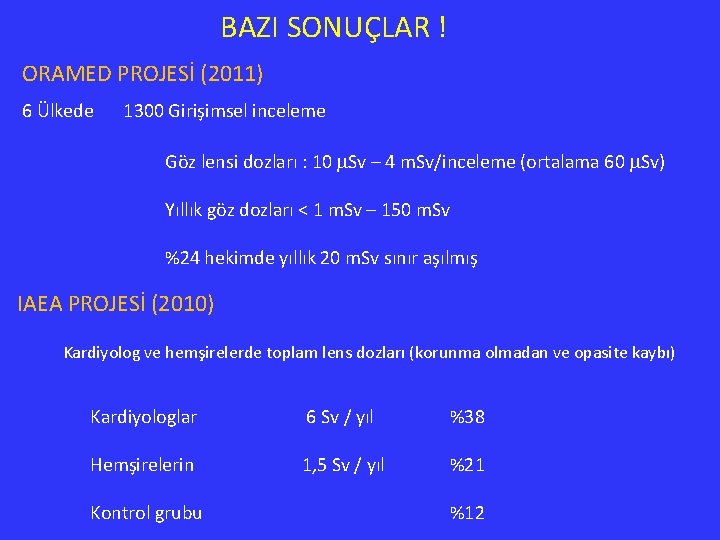 BAZI SONUÇLAR ! ORAMED PROJESİ (2011) 6 Ülkede 1300 Girişimsel inceleme Göz lensi dozları