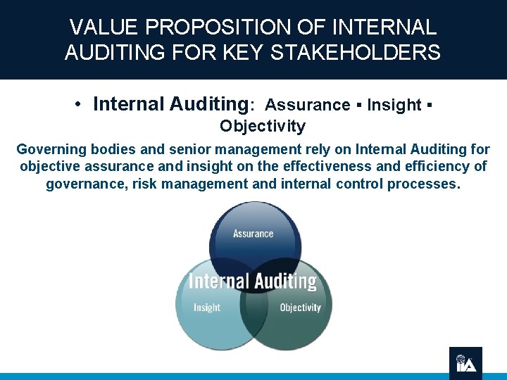VALUE PROPOSITION OF INTERNAL AUDITING FOR KEY STAKEHOLDERS • Internal Auditing: Assurance ▪ Insight