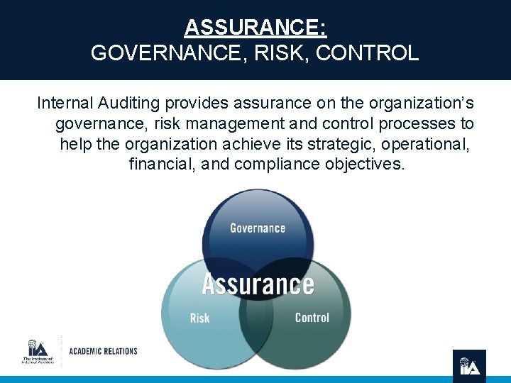 ASSURANCE: GOVERNANCE, RISK, CONTROL Internal Auditing provides assurance on the organization’s governance, risk management