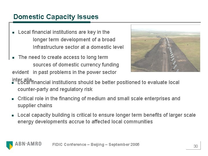 Domestic Capacity Issues n Local financial institutions are key in the longer term development