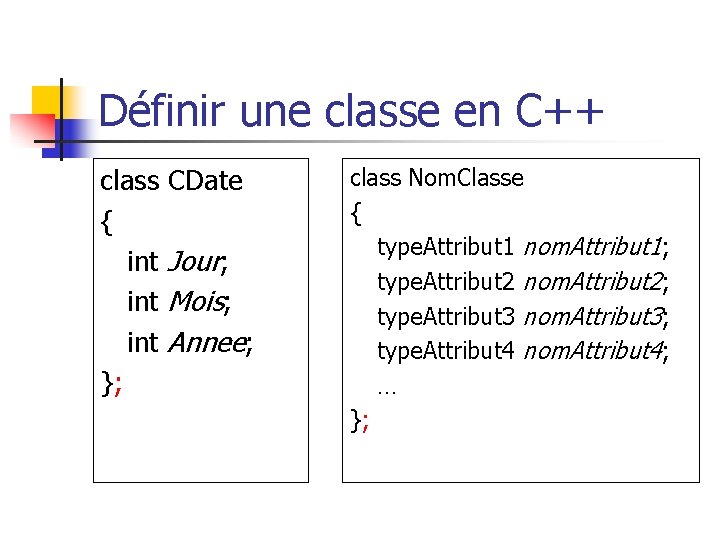 Définir une classe en C++ class CDate { int Jour; int Mois; int Annee;