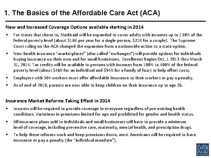 1. The Basics of the Affordable Care Act (ACA) New and Increased Coverage Options