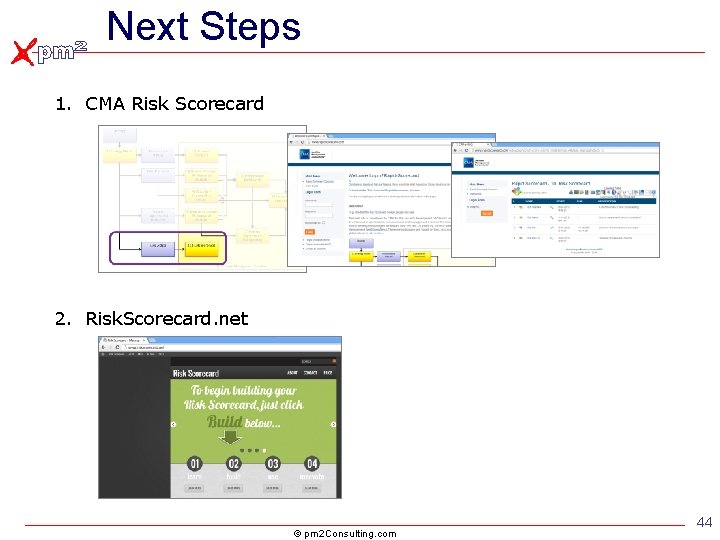 Next Steps 1. CMA Risk Scorecard 2. Risk. Scorecard. net © pm 2 Consulting. Next Steps 1. CMA Risk Scorecard 2. Risk. Scorecard. net © pm 2 Consulting.