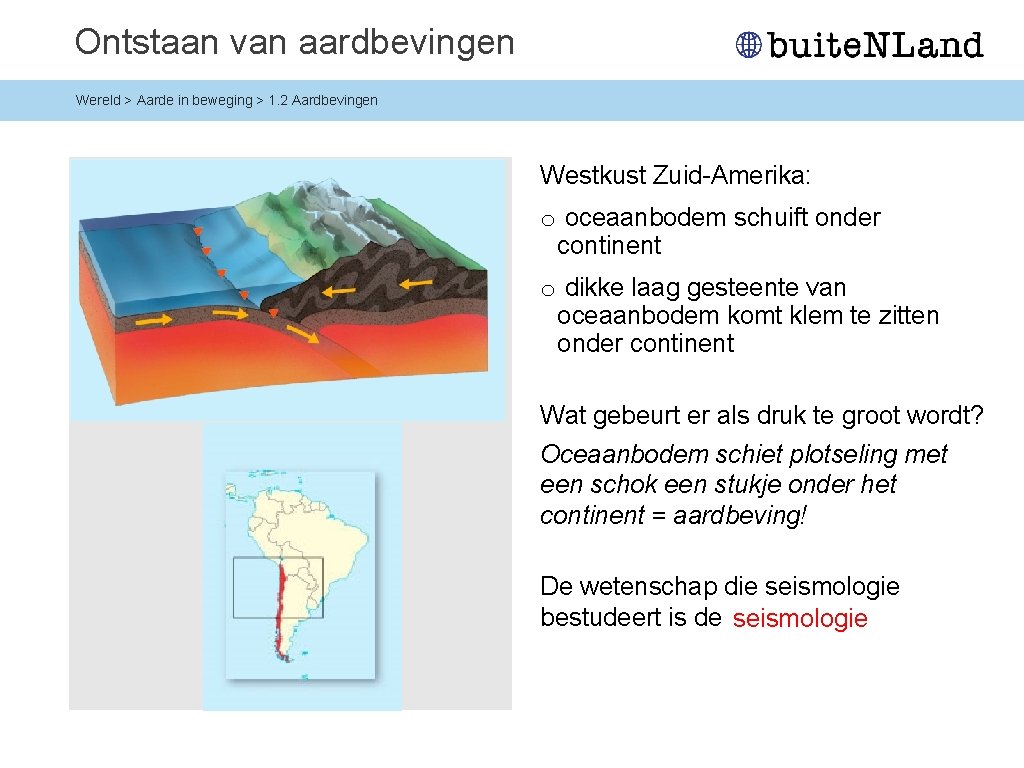 Ontstaan van aardbevingen Wereld > Aarde in beweging > 1. 2 Aardbevingen Westkust Zuid-Amerika: