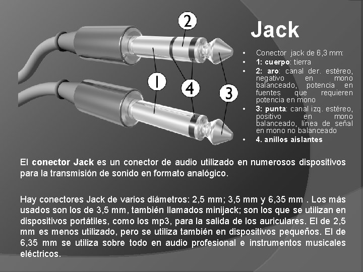 Jack • • • Conector jack de 6, 3 mm: 1: cuerpo: tierra 2: