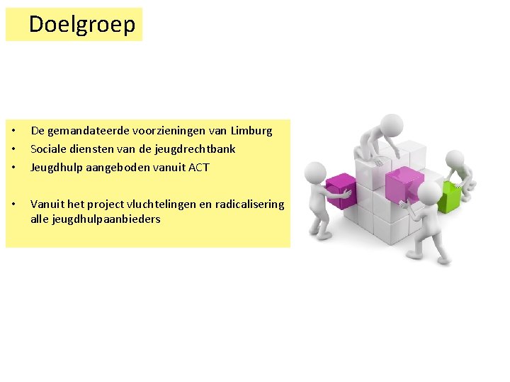 Doelgroep • • • De gemandateerde voorzieningen van Limburg Sociale diensten van de jeugdrechtbank