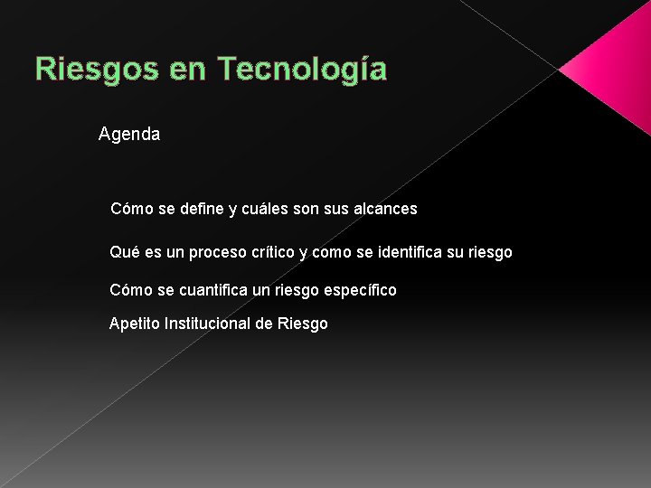 Riesgos en Tecnología Agenda Cómo se define y cuáles son sus alcances Qué es