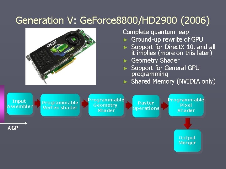 Generation V: Ge. Force 8800/HD 2900 (2006) Complete quantum leap ► Ground-up rewrite of Generation V: Ge. Force 8800/HD 2900 (2006) Complete quantum leap ► Ground-up rewrite of