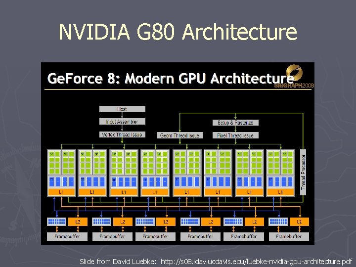 NVIDIA G 80 Architecture Slide from David Luebke: http: //s 08. idav. ucdavis. edu/luebke-nvidia-gpu-architecture. NVIDIA G 80 Architecture Slide from David Luebke: http: //s 08. idav. ucdavis. edu/luebke-nvidia-gpu-architecture.