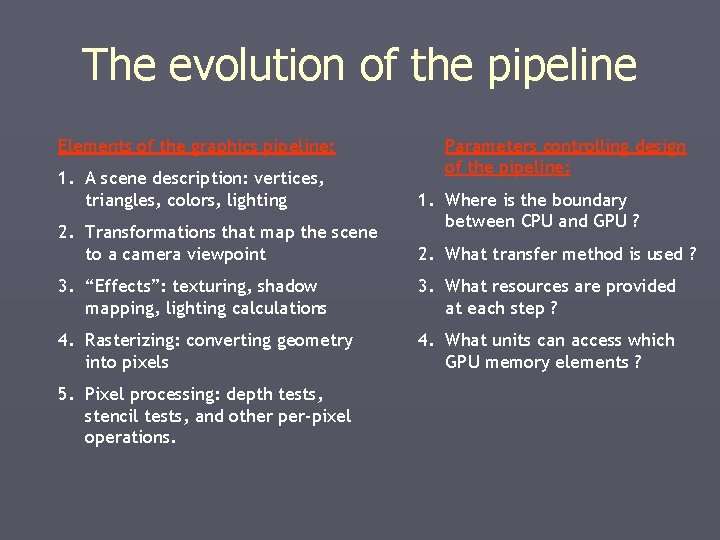 The evolution of the pipeline Elements of the graphics pipeline: 1. A scene description: The evolution of the pipeline Elements of the graphics pipeline: 1. A scene description: