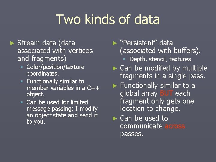 Two kinds of data ► Stream data (data associated with vertices and fragments) § Two kinds of data ► Stream data (data associated with vertices and fragments) §