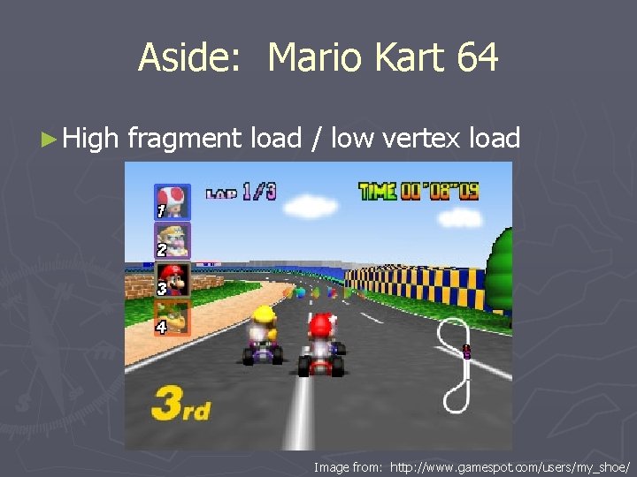 Aside: Mario Kart 64 ► High fragment load / low vertex load Image from: Aside: Mario Kart 64 ► High fragment load / low vertex load Image from: