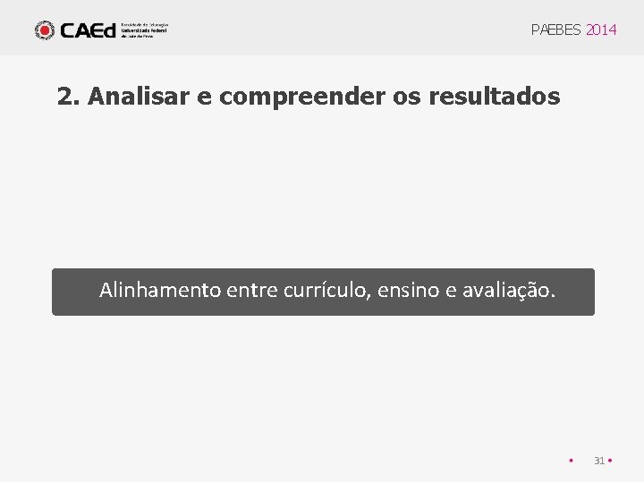 PAEBES 2014 2. Analisar e compreender os resultados Alinhamento entre currículo, ensino e avaliação.