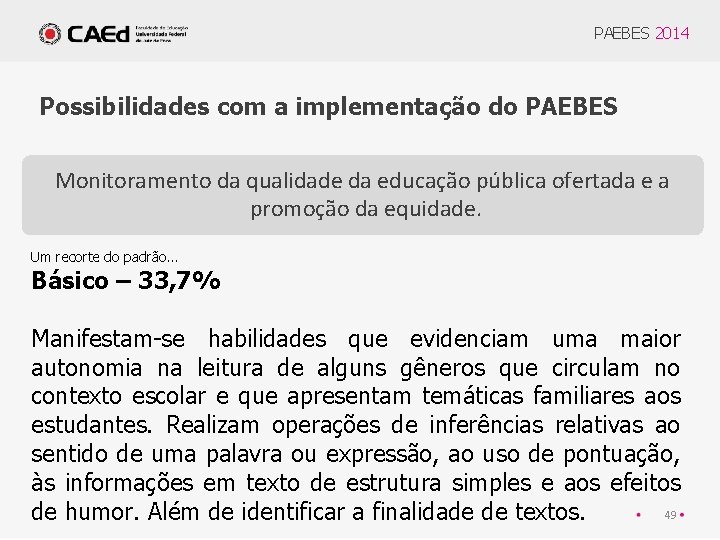 PAEBES 2014 Possibilidades com a implementação do PAEBES Monitoramento da qualidade da educação pública