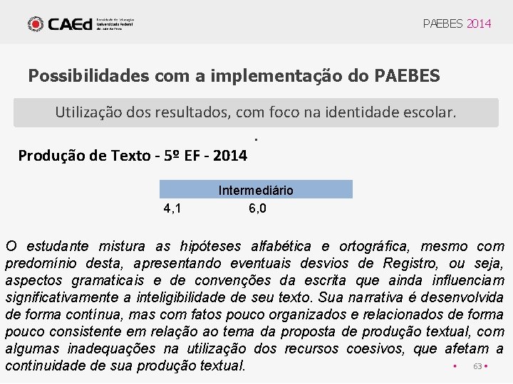 PAEBES 2014 Possibilidades com a implementação do PAEBES Utilização dos resultados, com foco na