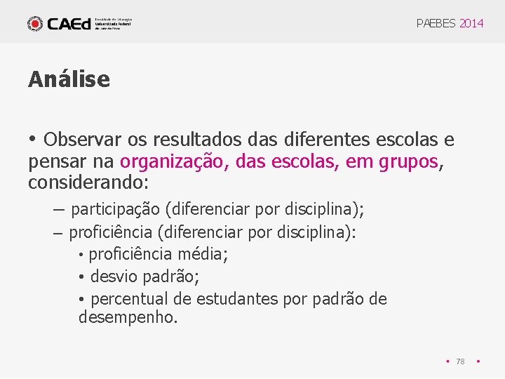 PAEBES 2014 Análise • Observar os resultados das diferentes escolas e pensar na organização,