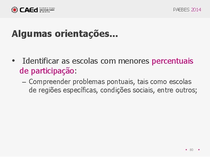 PAEBES 2014 Algumas orientações. . . • Identificar as escolas com menores percentuais de