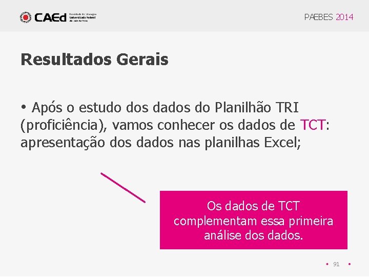 PAEBES 2014 Resultados Gerais • Após o estudo dos dados do Planilhão TRI (proficiência),