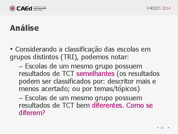 PAEBES 2014 Análise • Considerando a classificação das escolas em grupos distintos (TRI), podemos