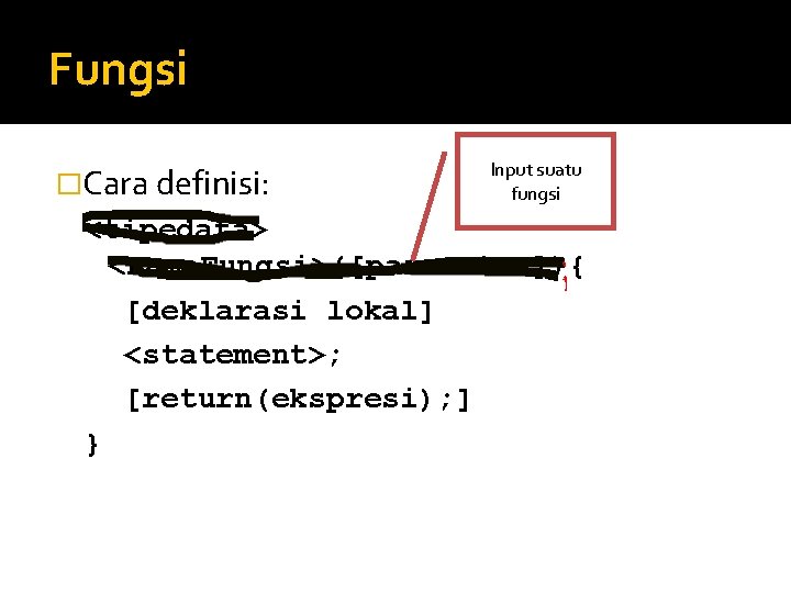 Fungsi �Cara definisi: Input suatu fungsi <tipedata> <nama. Fungsi>([parameter]){ [deklarasi lokal] <statement>; [return(ekspresi); ]