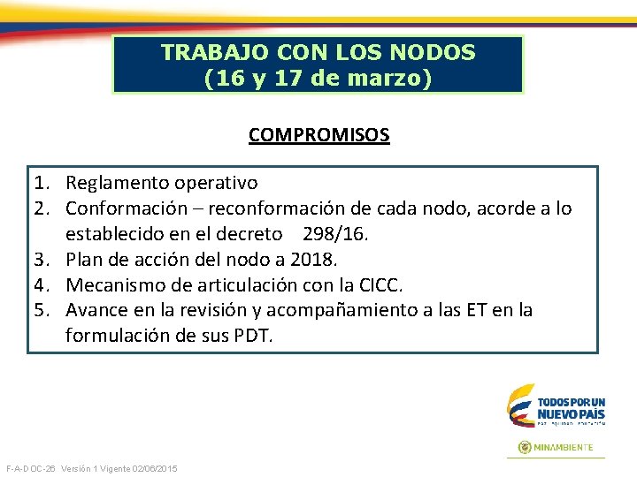 TRABAJO CON LOS NODOS (16 y 17 de marzo) COMPROMISOS 1. Reglamento operativo 2.
