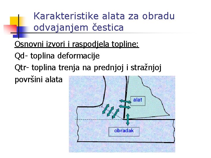 Karakteristike alata za obradu odvajanjem čestica Osnovni izvori i raspodjela topline: Qd- toplina deformacije