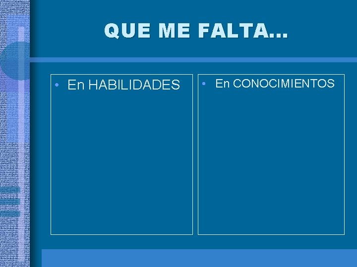 QUE ME FALTA. . . • En HABILIDADES • En CONOCIMIENTOS 