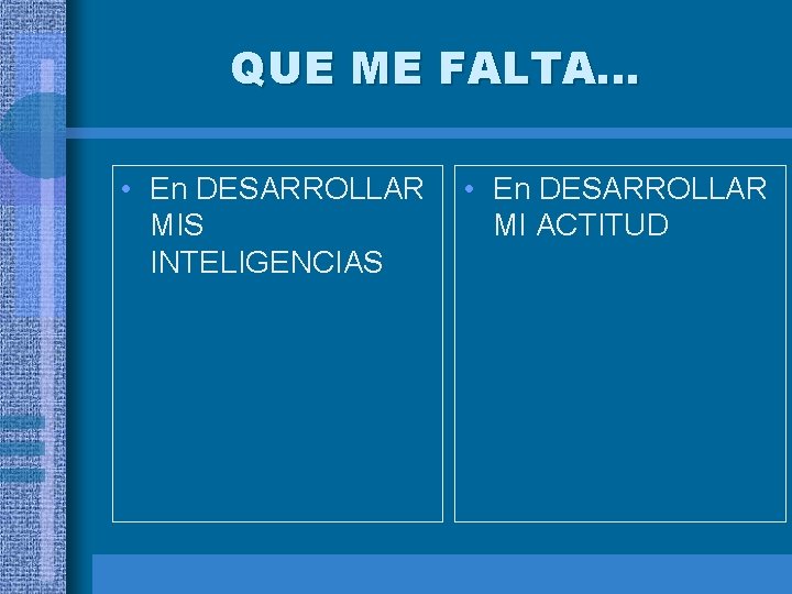 QUE ME FALTA. . . • En DESARROLLAR MIS INTELIGENCIAS • En DESARROLLAR MI