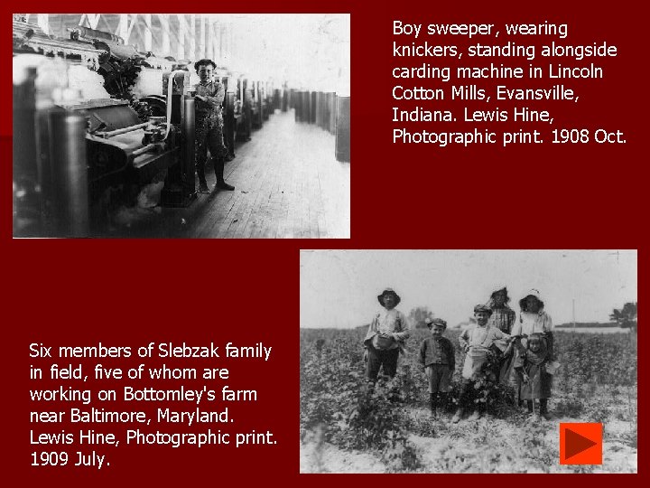 Boy sweeper, wearing knickers, standing alongside carding machine in Lincoln Cotton Mills, Evansville, Indiana.