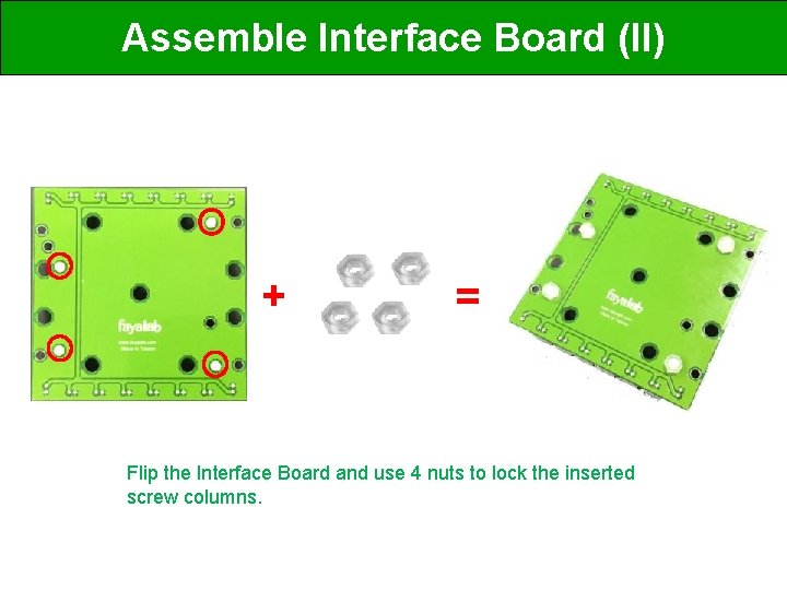 Assemble Interface Board (II) + = Flip the Interface Board and use 4 nuts