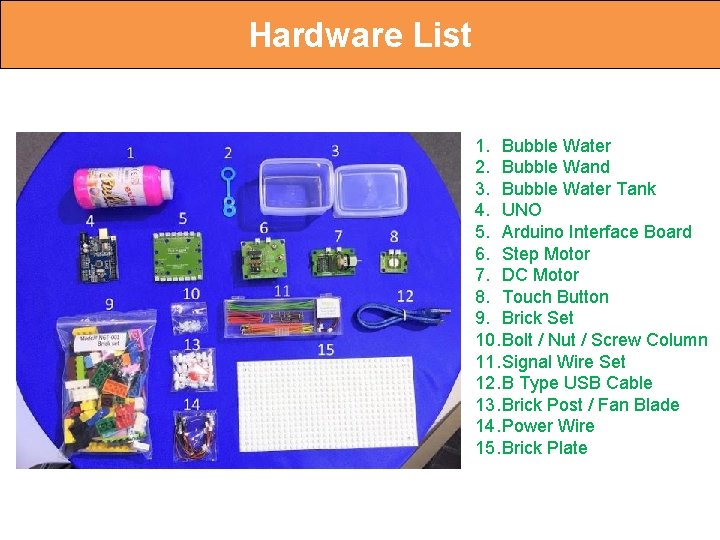 Hardware List 1. Bubble Water 2. Bubble Wand 3. Bubble Water Tank 4. UNO