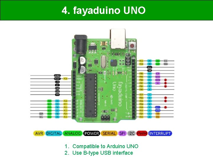 4. fayaduino UNO 1. Compatible to Arduino UNO 2. Use B-type USB interface 