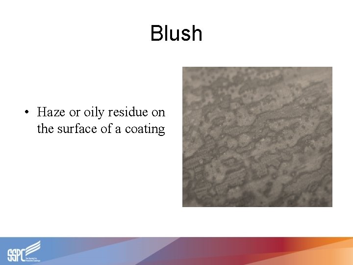 Blush • Haze or oily residue on the surface of a coating 