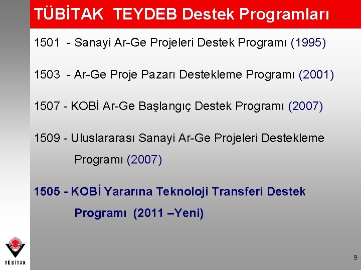 TÜBİTAK TEYDEB Destek Programları 1501 - Sanayi Ar-Ge Projeleri Destek Programı (1995) 1503 -