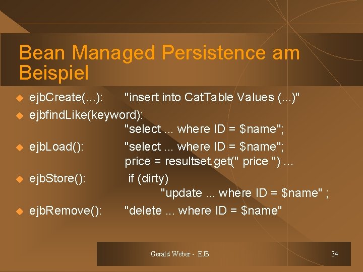 Bean Managed Persistence am Beispiel u u u ejb. Create(. . . ): "insert