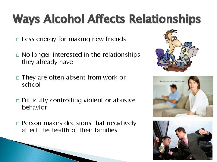 Ways Alcohol Affects Relationships � � � Less energy for making new friends No