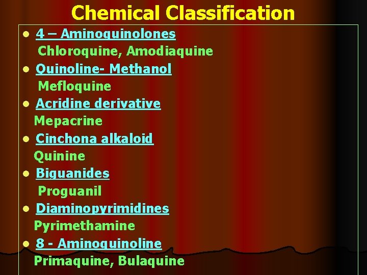 Chemical Classification 4 – Aminoquinolones Chloroquine, Amodiaquine l Quinoline- Methanol Mefloquine l Acridine derivative