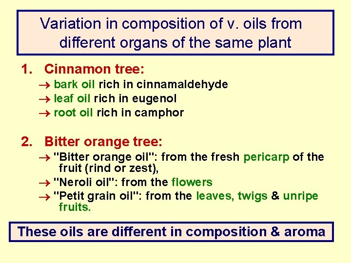 Variation in composition of v. oils from different organs of the same plant 1.