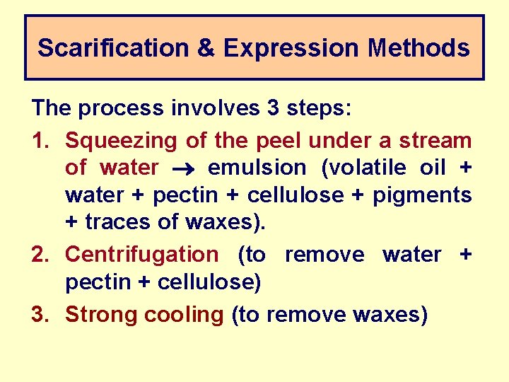 Scarification & Expression Methods The process involves 3 steps: 1. Squeezing of the peel