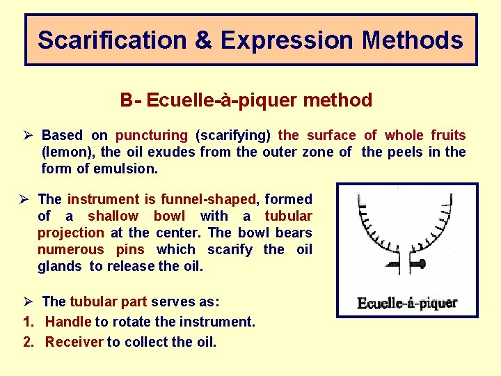 Scarification & Expression Methods B- Ecuelle-à-piquer method Ø Based on puncturing (scarifying) the surface