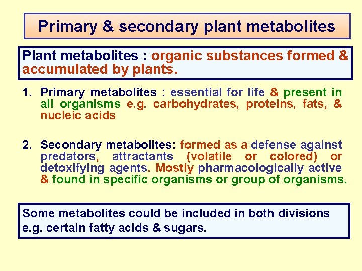 Primary & secondary plant metabolites Plant metabolites : organic substances formed & accumulated by