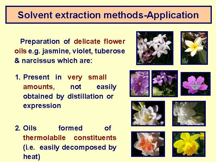 Solvent extraction methods-Application Preparation of delicate flower oils e. g. jasmine, violet, tuberose &