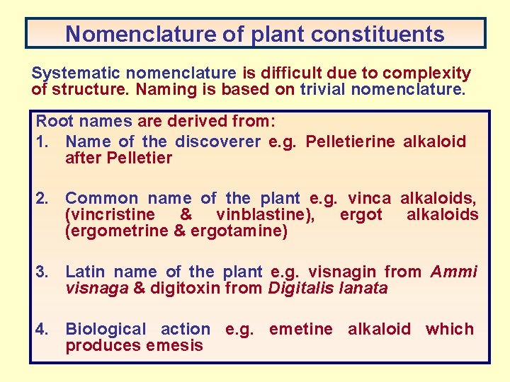 Nomenclature of plant constituents Systematic nomenclature is difficult due to complexity of structure. Naming