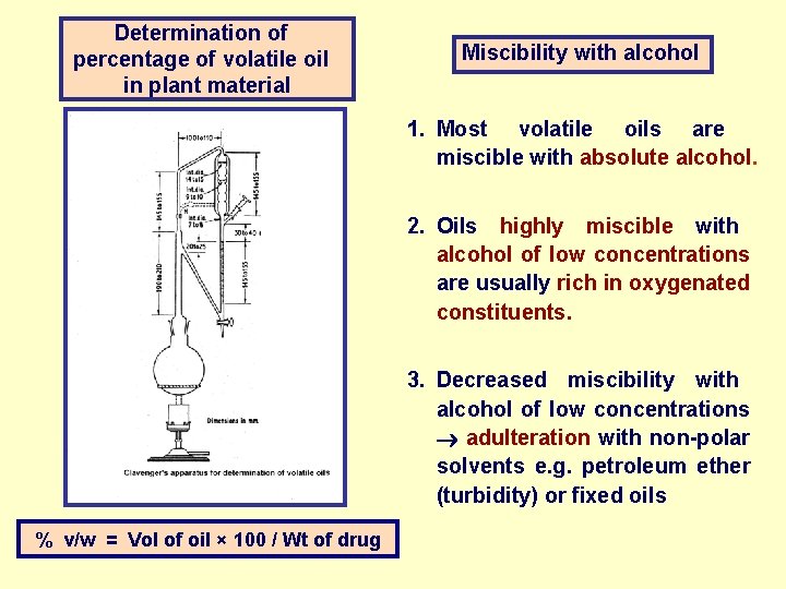 Determination of percentage of volatile oil in plant material Miscibility with alcohol 1. Most