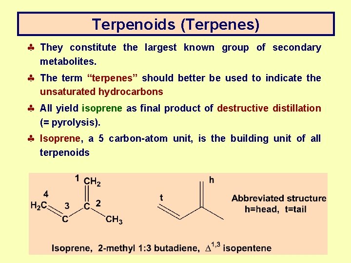 Terpenoids (Terpenes) § They constitute the largest known group of secondary metabolites. § The