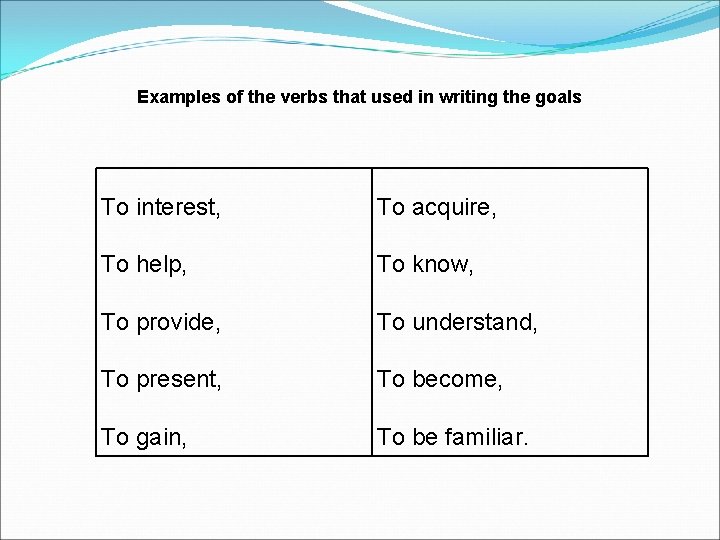 Examples of the verbs that used in writing the goals To interest, To acquire,