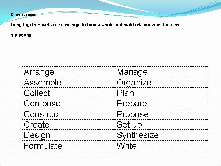 5. synthesis bring together parts of knowledge to form a whole and build relationships